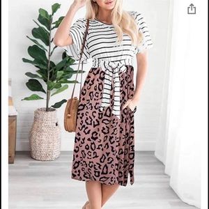 Striped Ruffle Sleeves Tie Waist dress w/ Pockets